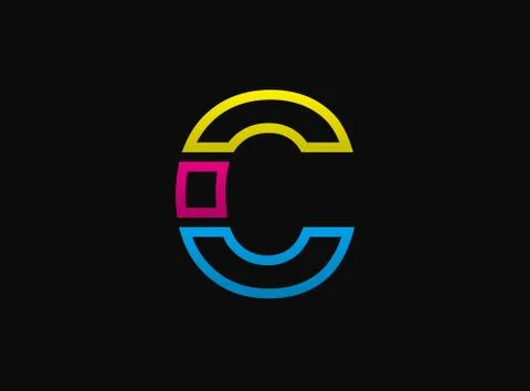 C letter logo, vector desing font .Dynamic cmyk split blue, pink, yellow colo Illustrazione stock