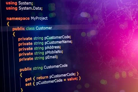 C sharp programming language source code example on monitor, C# source code. Illustration