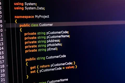 C sharp programming language source code example on monitor, C# source code. 스톡 일러스트