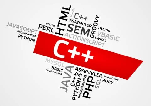 C++ word cloud, tag cloud, vector graphics - programming concept Illustration