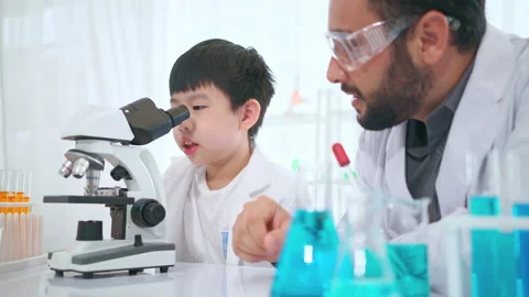 C0025 Kid looking microscope in the classroom with teacher Stock Footage 206092055