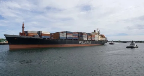 C4K-Loaded container ship passing camera position in harbor Stock Footage 106797472