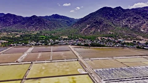 Ca Na Salt Fields Geometric White Pans Workers Harvesting Vietnam Stock Footage 332840045