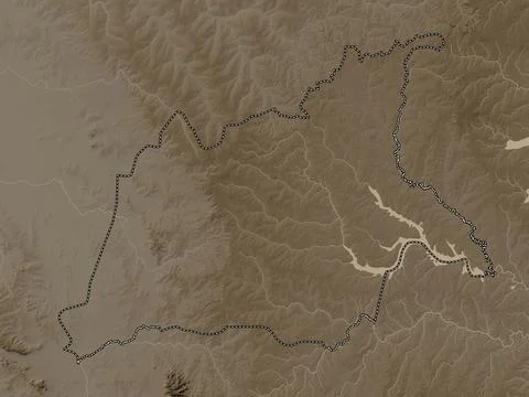Caaguazu, Paraguay. Elevation map colored in sepia tones with lakes and river Ilustración de archivo