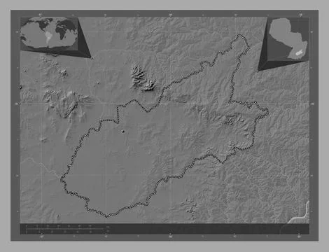 Caazapa, Paraguay. Bilevel elevation map with lakes and rivers イラスト素材