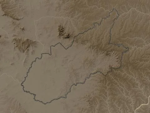 Caazapa, Paraguay. Elevation map colored in sepia tones with lakes and rivers 库存插图