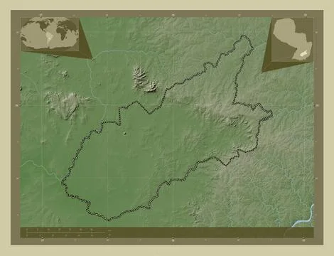 Caazapa, Paraguay. Elevation map colored in wiki style with lakes and rivers 库存插图