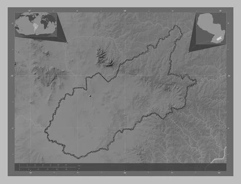 Caazapa, Paraguay. Grayscale elevation map with lakes and rivers Illustrazione stock