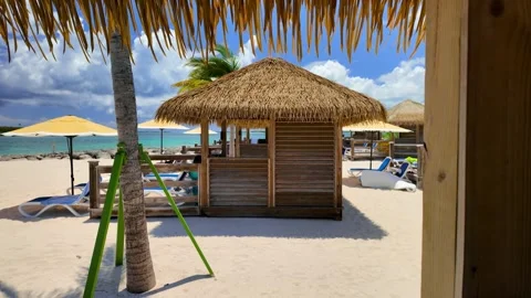 Cabanas on white sand beach in Caribbean islands. Stock Footage 291479982