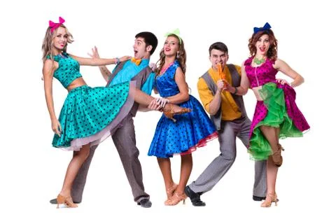 Cabaret dancer team dancing.  Isolated on white background in full length Stock Photos