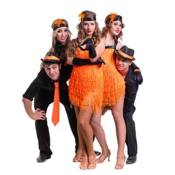 Cabaret dancer team dancing.  Isolated on white background in full length Foto stock