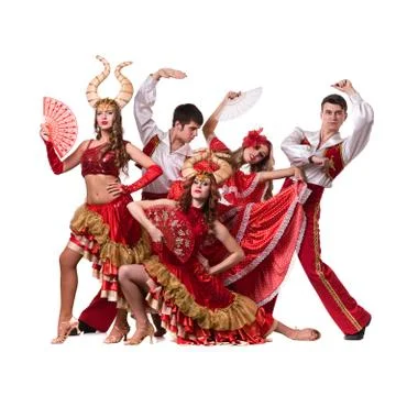 Cabaret dancer team dancing.  Isolated on white background in full length Stock Photos