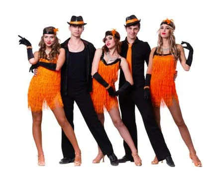 Cabaret dancer team dancing.  Isolated on white background in full length Foto stock