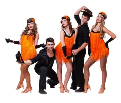 Cabaret dancer team dancing.  Isolated on white background in full length 写真素材
