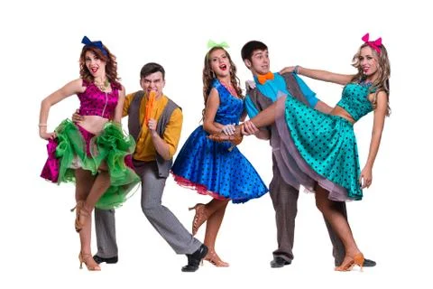 Cabaret dancer team dancing.  Isolated on white background in full length Stock Photos