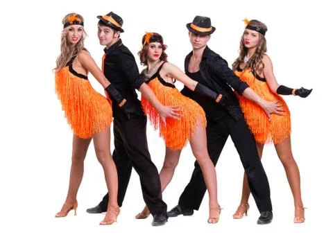 Cabaret dancer team dancing.  Isolated on white background in full length 库存照片