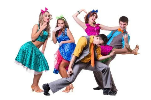 Cabaret dancer team dancing. Isolated on white background in full length Stock Photos