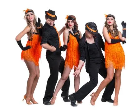 Cabaret dancer team dancing. Isolated on white background in full length Stock Photos