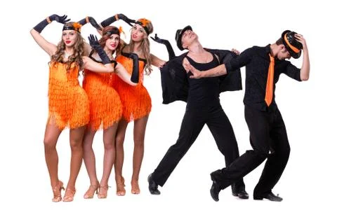 Cabaret dancer team dancing. Isolated on white background in full length Stock Photos