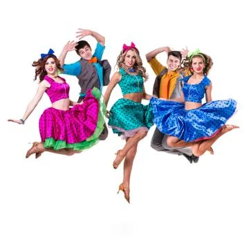Cabaret dancer team jumping.  Isolated on white background in full length Stock Photos