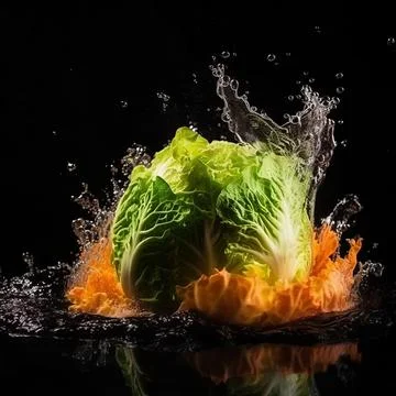 Cabbage in the clash of water and fire on black background. Stock Illustration