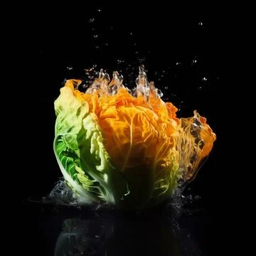 Cabbage in the clash of water and fire on black background. Stock Illustration
