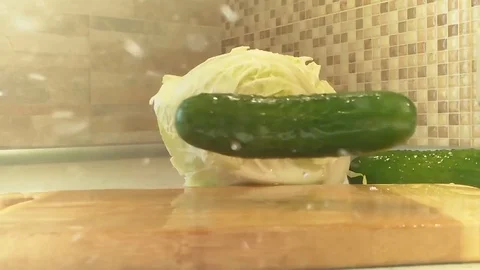 Cabbage cucumber on a wooden Video stock 85067576