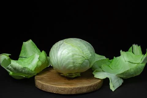 Cabbage on a dark background. Head of fresh cabbage on a black background. Stock Photos
