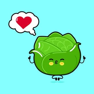 Cabbage doing yoga with speech bubble. Vector hand drawn cartoon kawaii chara Stock Illustration