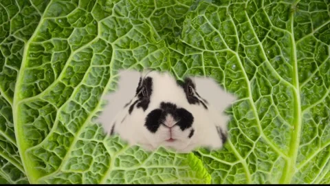 Cabbage leaf with a rabbit sitting behind it and chewing. green screen Stock Footage 313679329