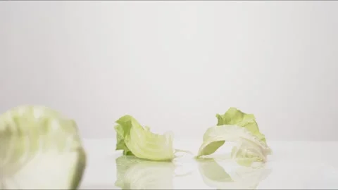 Cabbage Leaves Bouncing Slow Motion White Tabletop Closeup Macro Food Studio Stock Footage 335005048