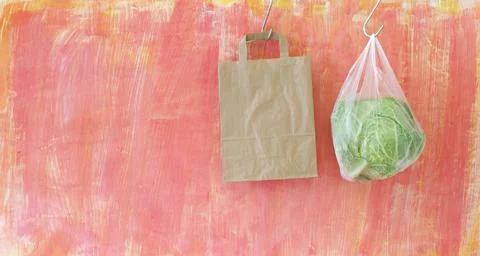 Cabbage in a plastic bag and an empty paper bag, ban on plastics Stock Photos