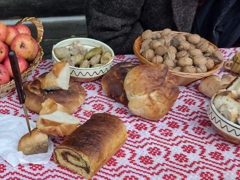 Cabbage rolls, apples, walnuts and other food products. In Maramures county.. Stock Photos