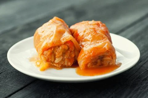 Cabbage rolls with beef, rice and vegetables. Stuffed cabbage leaves with mea Stock Photos