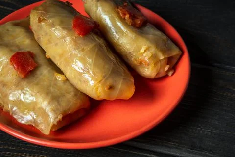 Cabbage rolls with beef, rice and vegetables on the plate. Stock Photos