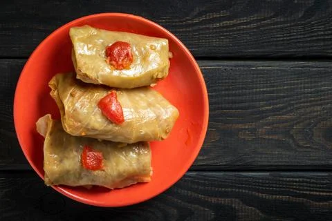 Cabbage rolls with beef, rice and vegetables on the plate. Stock Photos