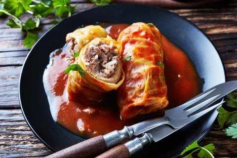 Cabbage rolls stuffed with ground beef Stock Photos