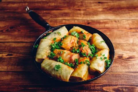 Cabbage Rolls Stuffed with Minced Meat in Frying Pan Stock Photos