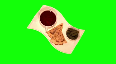 Cabbage soup, marinated cornichons, spicy flat cake on tray Stock Footage 46467557