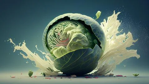 Cabbage with splashes and drops of paint. 3d illustration Stock Illustration
