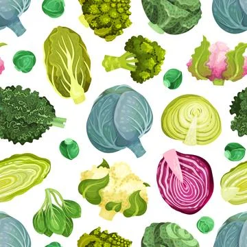 Cabbage Vegetable Seamless Pattern Design with Crop Vector Template Stock Illustration