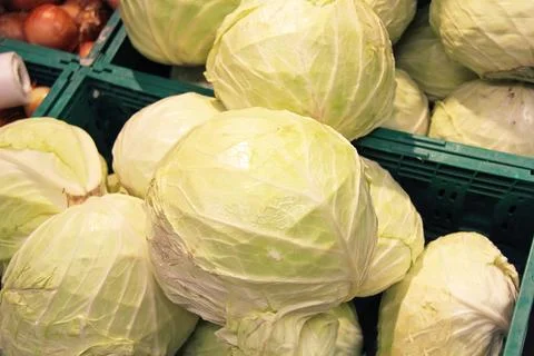 Cabbages in Boxes at the Store Stock Photos