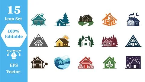 Cabin and rustic house icon set with mountain building architecture exterior Stock Illustration