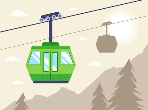 The cabin on the cable car rises along the mountainside. Stock Illustration