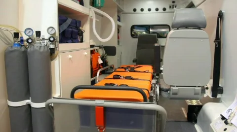 Cabin of car of urgent help inside with couch, balloon and medicament Video stock 693262