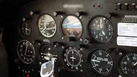 Cabin control panel of aircraft. Measuring device, sensors, indicators for pilot Stock Footage 125738097