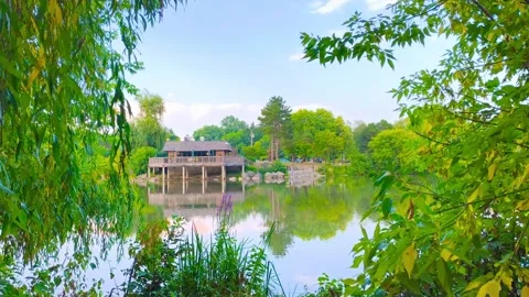 Cabin house surrounded by lush trees and foliage at an outdoor park by a la.. Video stock 317134555