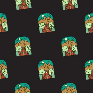 Cabin life badges pattern. Camping Adventure seamless background with mountain Stock Illustration