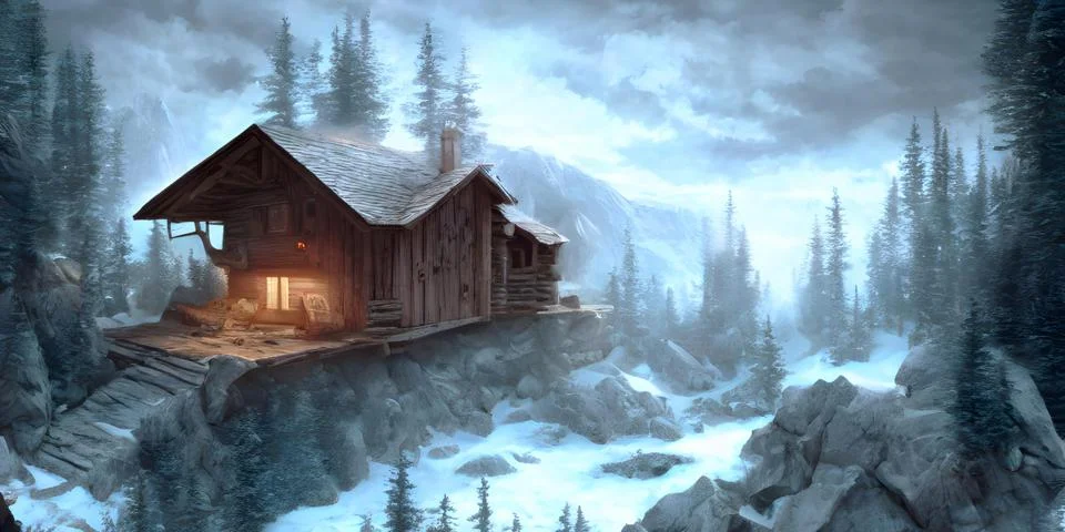 A Cabin In The Middle Of A Mountain Surrounded By Trees, Finest Graphics Back Stock Illustration