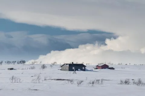 Cabin at snow covered flat mountain in Norway Stock Photos
